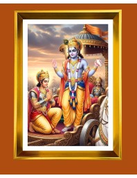 Lord Krishna And Arjun Golden Photo Frame - 12x16 Inches | Elegant Wooden Frame For Home, Office & Temple Decoration | Spiritual Wall & Table Decor And Gift Item (F9889)