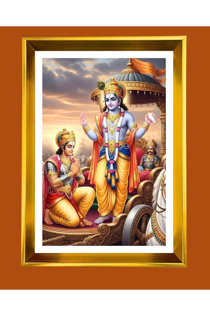 Lord Krishna And Arjun Golden Photo Frame - 12x16 Inches | Elegant Wooden Frame For Home, Office & Temple Decoration | Spiritual Wall & Table Decor And Gift Item (F9889)