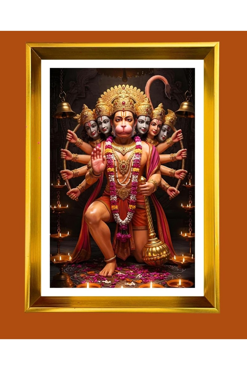 Lord Hanuman Golden Photo Frame - 10x14 Inches | Elegant Wooden Frame For Home, Office & Temple Decoration | Spiritual Wall & Table Decor And Gift Item (F9826)