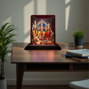 Car Desk/Table Top Lord Rama Darbar Wooden Photo Stand 3x4 Inches, Compact & Stylish Spiritual Display For Car, Home & Office (Pack Of 1) (F14294)