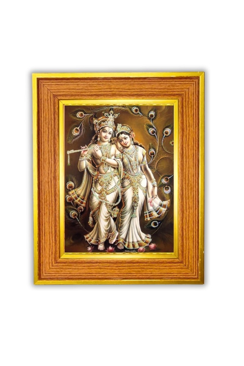Divine Radha Krishna Photo Frame 12x16 Inches-Brown Wooden Frame For Home, Office & Temple Decoration And Gifting (F6472)