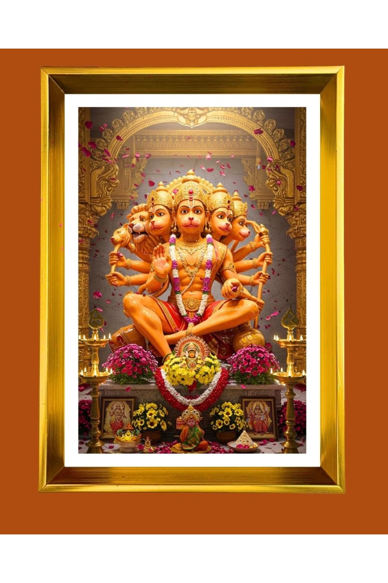 Lord Hanuman Golden Photo Frame - 10x14 Inches | Elegant Wooden Frame For Home, Office & Temple Decoration | Spiritual Wall & Table Decor And Gift Item (F9724)