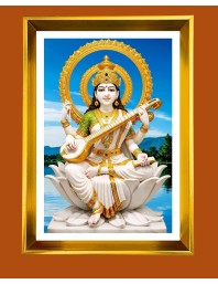 Maa Saraswati Golden Photo Frame - 10x14 Inches | Elegant Wooden Frame For Home, Office & Temple Decoration | Spiritual Wall & Table Decor and Gift Item