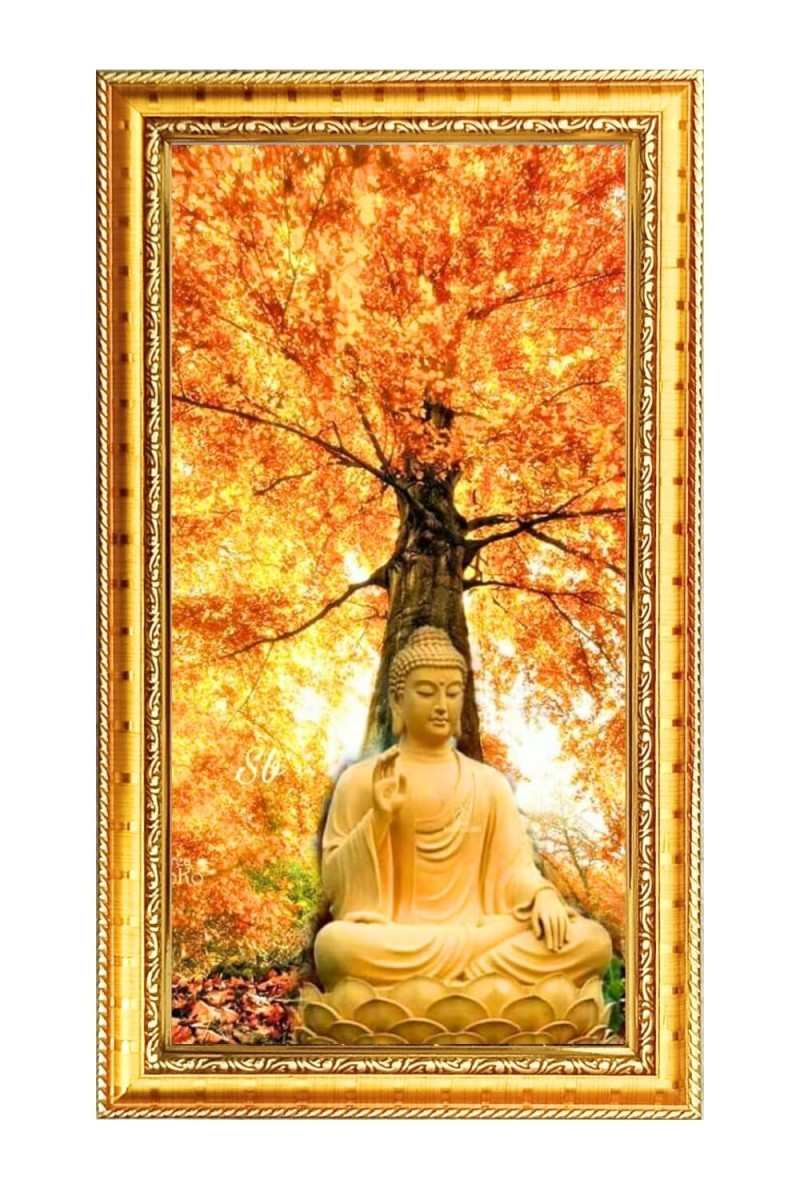 Lord Buddha Digital Golden Color Photo Frame | Hindu Religious Wall Decor | 8x15 Inches - Inspirational Wall Art For Office, Home Decor - Ideal Spiritual Gift (F10373)