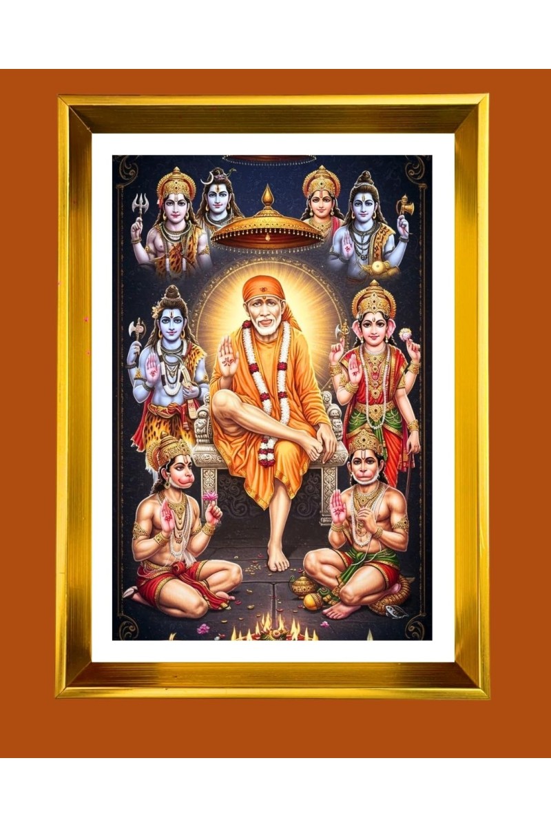 Shirdi Sai Baba Golden Photo Frame - 16x20 Inches | Elegant Wooden Frame For Home, Office & Temple Decoration | Spiritual Wall & Table Decor And Gift Item (F9694)