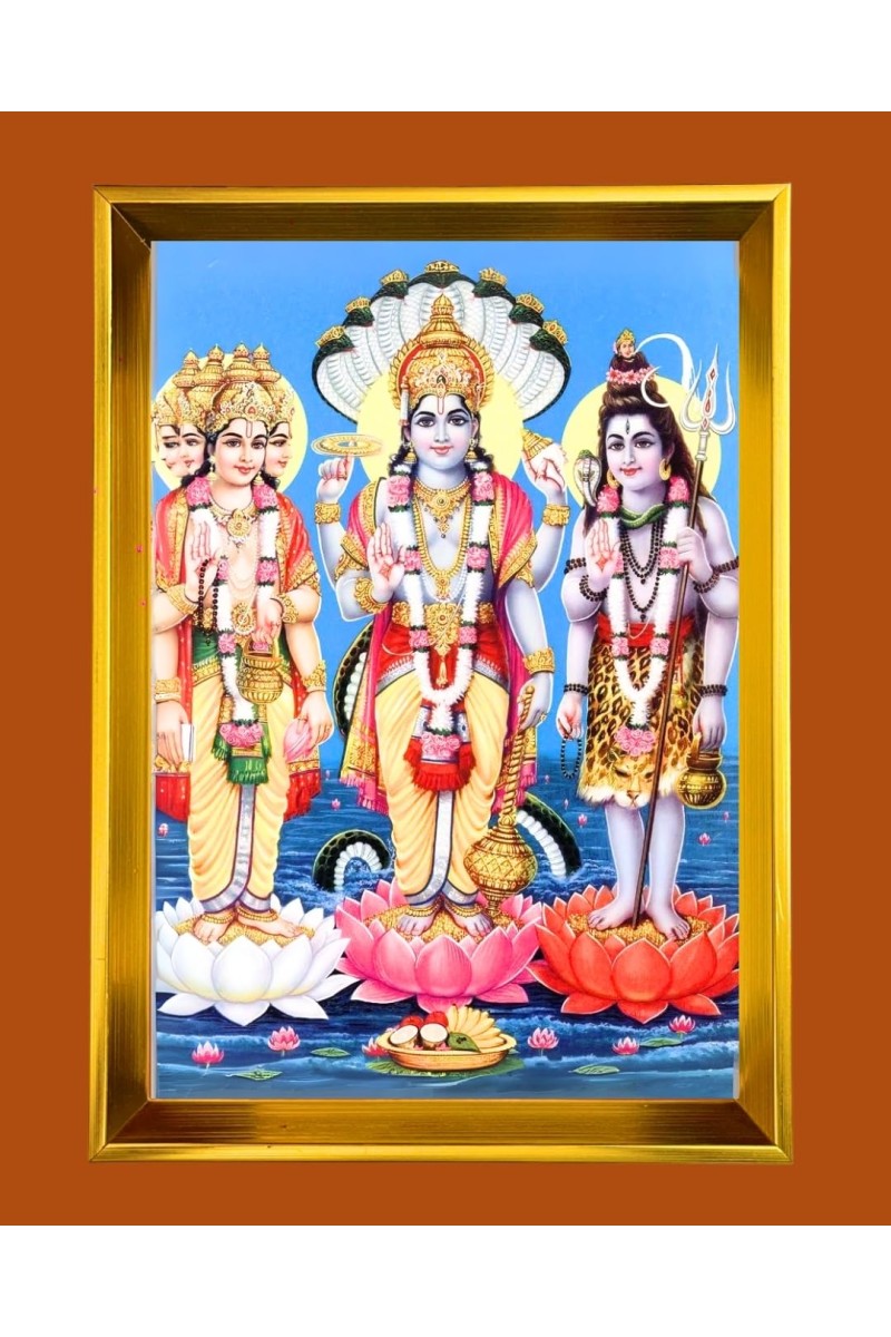 Lord Brahma,vishnu,shiva Golden Photo Frame - 10x14 Inches | Elegant Wooden Frame For Home, Office & Temple Decoration | Spiritual Wall & Table Decor and Gift Item