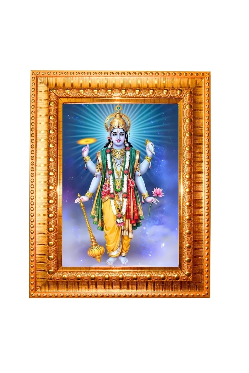 Lord Vishnu Golden Designer Photo Frame | 12x16 Inch Religious Wall Hanging Frame For Home & Office Decoration | Hindu Deity Spiritual Gift Item