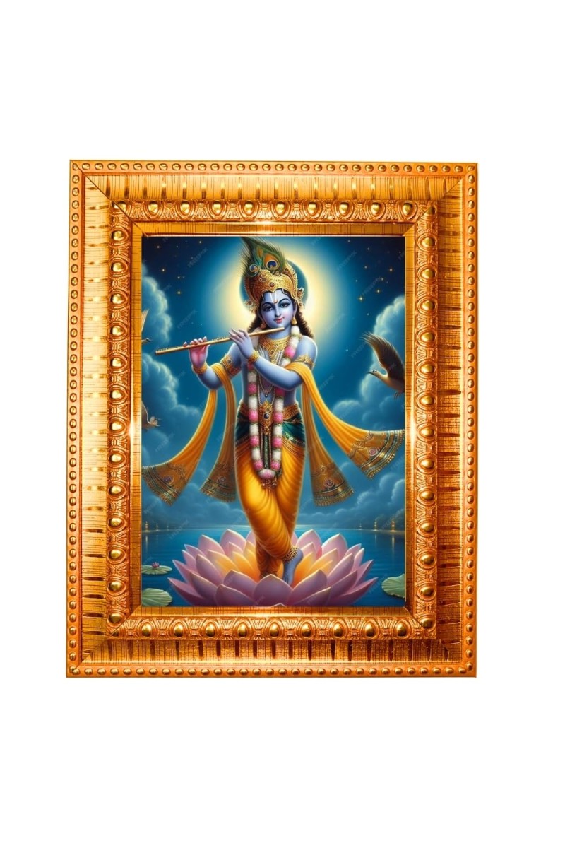 Divine Krishna Golden Designer Photo Frame | 10x14 Inch Religious Wall Hanging Frame For Home & Office Decoration | Hindu Deity Divine Krishna Spiritual Gift Item