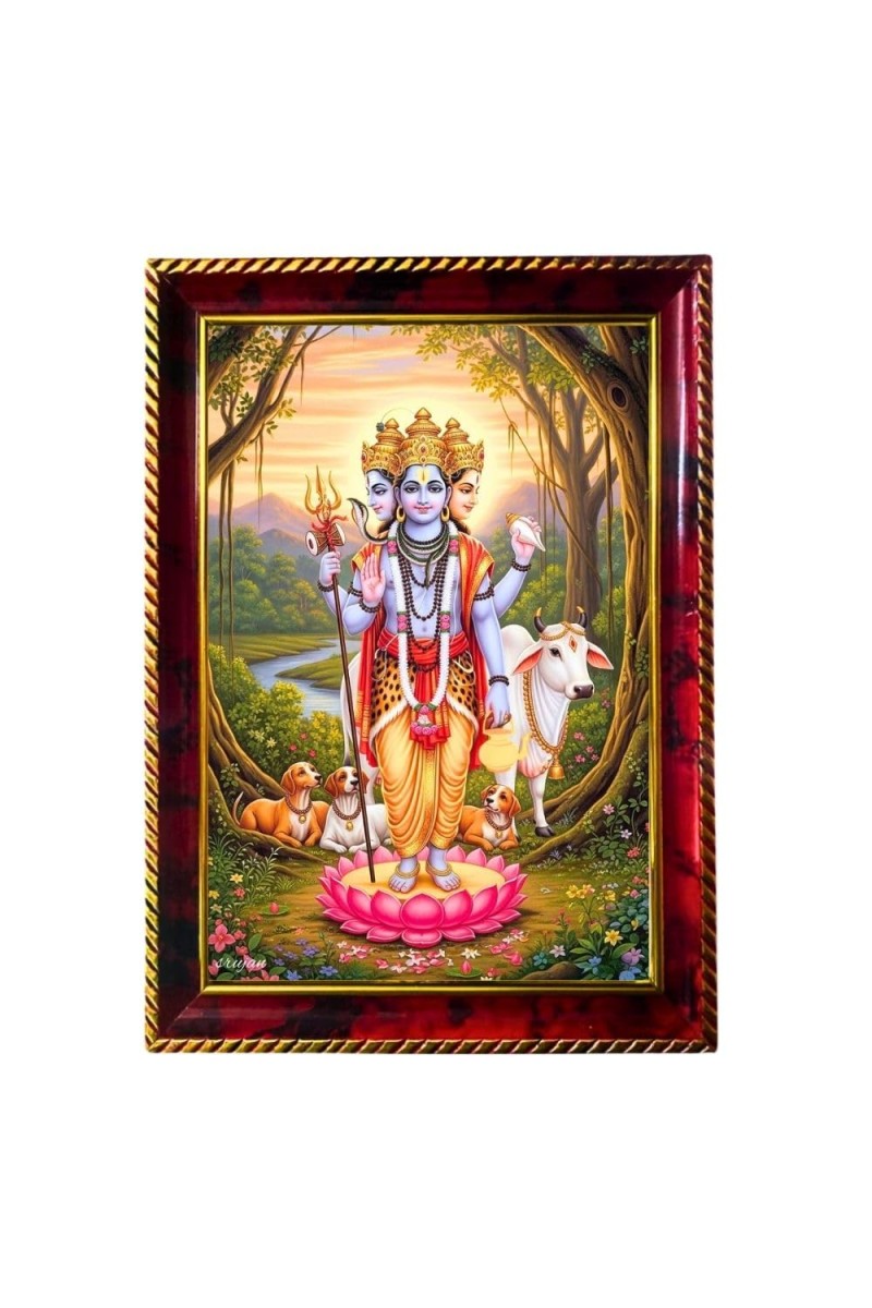 Lord Dattatreya Photo Frame For Wall & Table | 7x9 Inch Golden Cherry Finish | Decorative Lord Dattatreya Photo Frame For Home, Office & Pooja Room (F11662)
