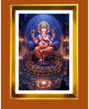 Lord Ganesha Golden Photo Frame - 10x14 Inches | Elegant Wooden Frame For Home, Office & Temple Decoration | Spiritual Wall & Table Decor and Gift Item