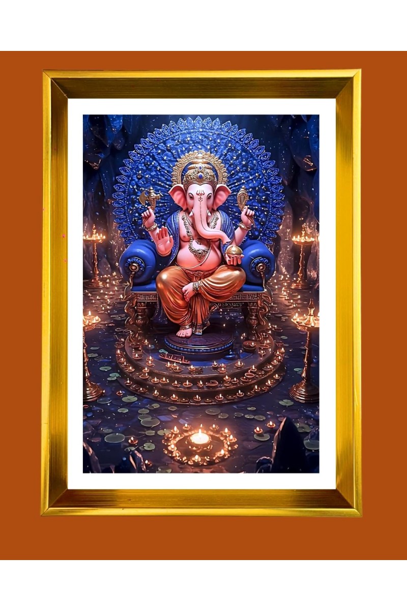 Lord Ganesha Golden Photo Frame - 10x14 Inches | Elegant Wooden Frame For Home, Office & Temple Decoration | Spiritual Wall & Table Decor and Gift Item