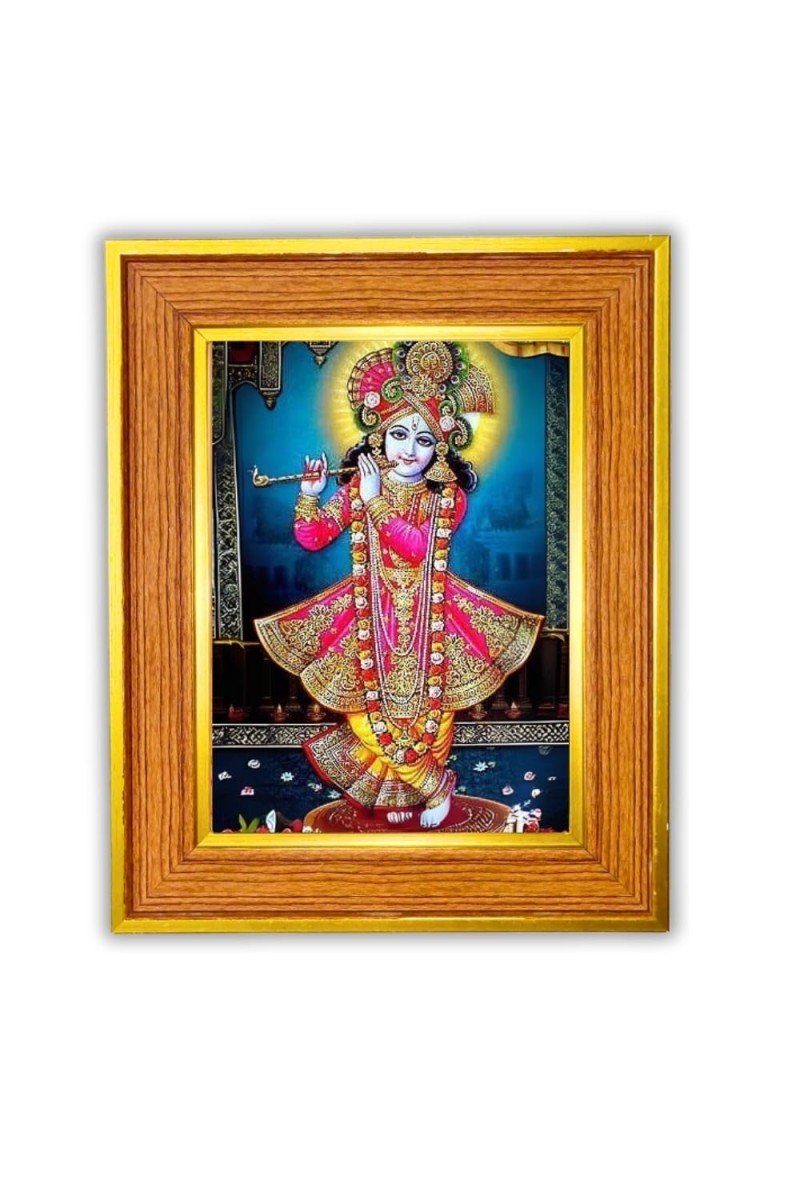 Lord Krishna Photo Frame 18x22 Inches-Brown Wooden Frame For Home, Office & Temple Decoration And Gifting (F6458)