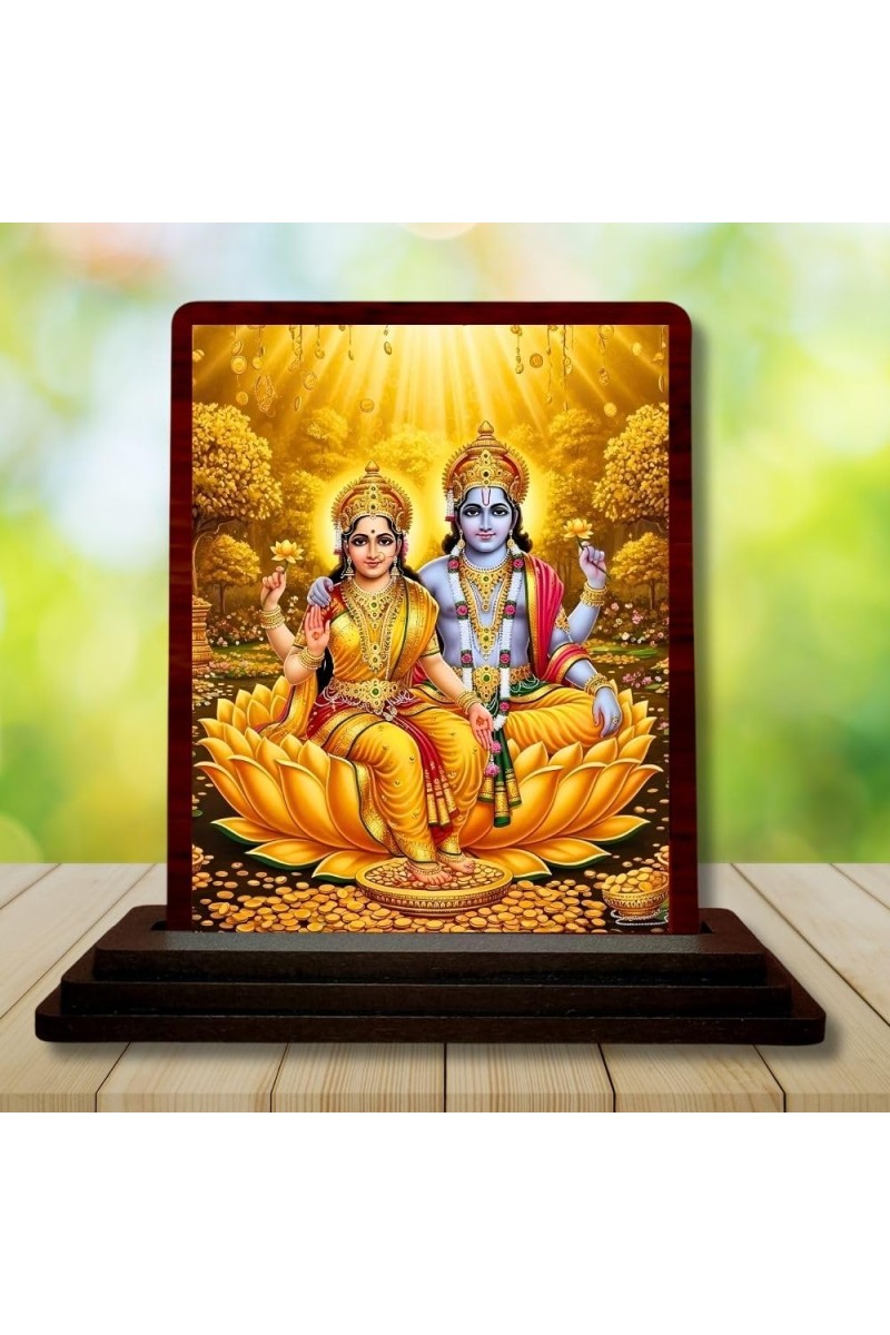 Car Desk/Table Top Lord Vishnu Lakshmi Wooden Photo Stand 3x4 Inches, Compact & Stylish Spiritual Display For Car, Home & Office (Pack Of 1) (F14219)
