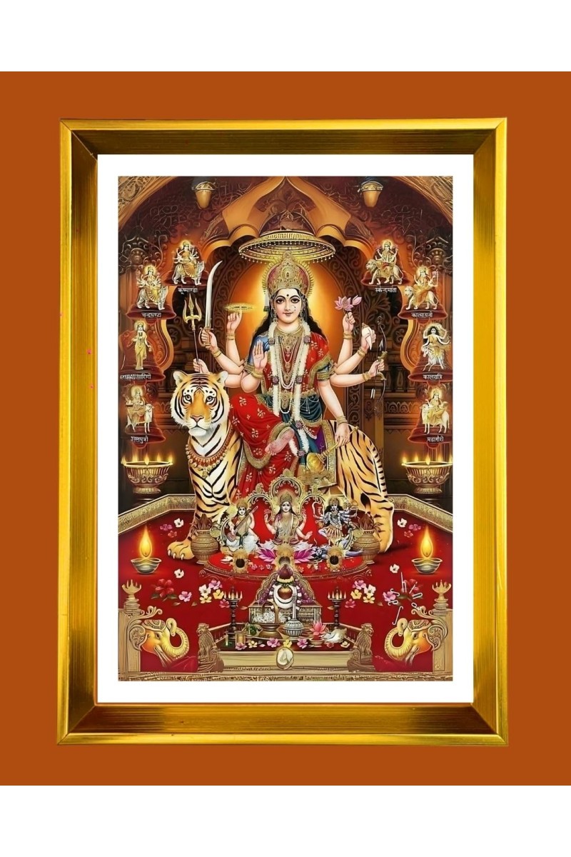 Devi Mata Durga Golden Photo Frame - 10x14 Inches | Elegant Wooden Frame For Home, Office & Temple Decoration | Spiritual Wall & Table Decor And Gift Item (F9497)