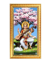 Mata Saraswati Digital Golden Color Photo Frame | Hindu Religious Wall Decor | 10x17 Inches - Inspirational Wall Art For Office, Home Decor - Ideal Spiritual Gift (F10360)