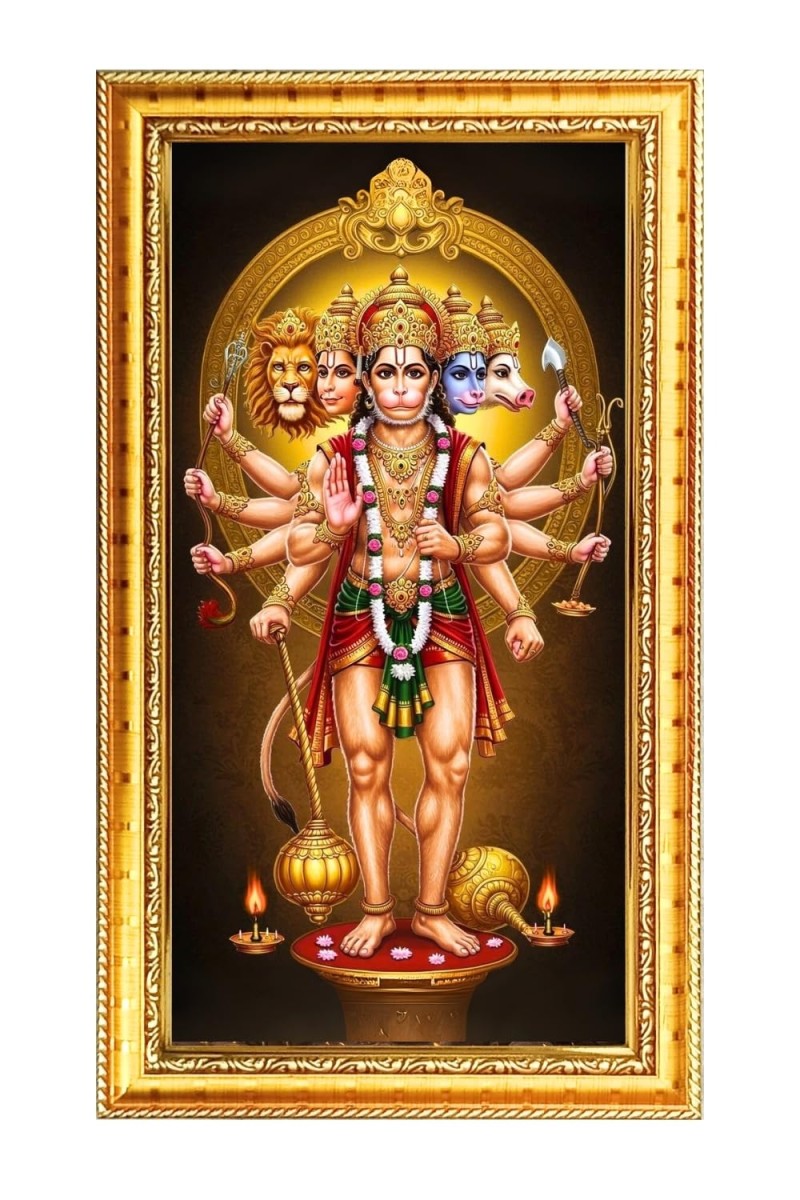 Panchamukhi Hanuman Digital Golden Color Photo Frame | Hindu Religious Wall Decor | 8x15 Inches - Inspirational Wall Art For Office, Home Decor - Ideal Spiritual Gift (F10320)