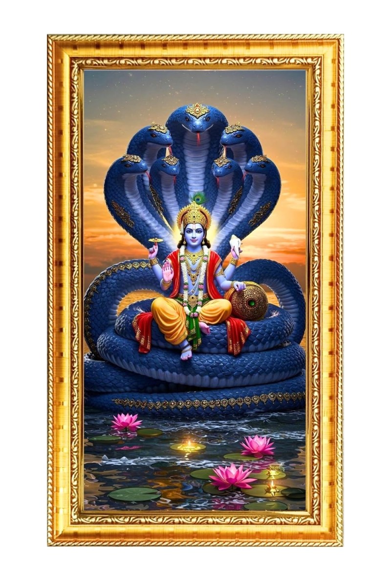 Lord Vishnuu Digital Golden Color Photo Frame | Hindu Religious Wall Decor | 10x17 Inches - Inspirational Wall Art For Office, Home Decor - Ideal Spiritual Gift (F10364)