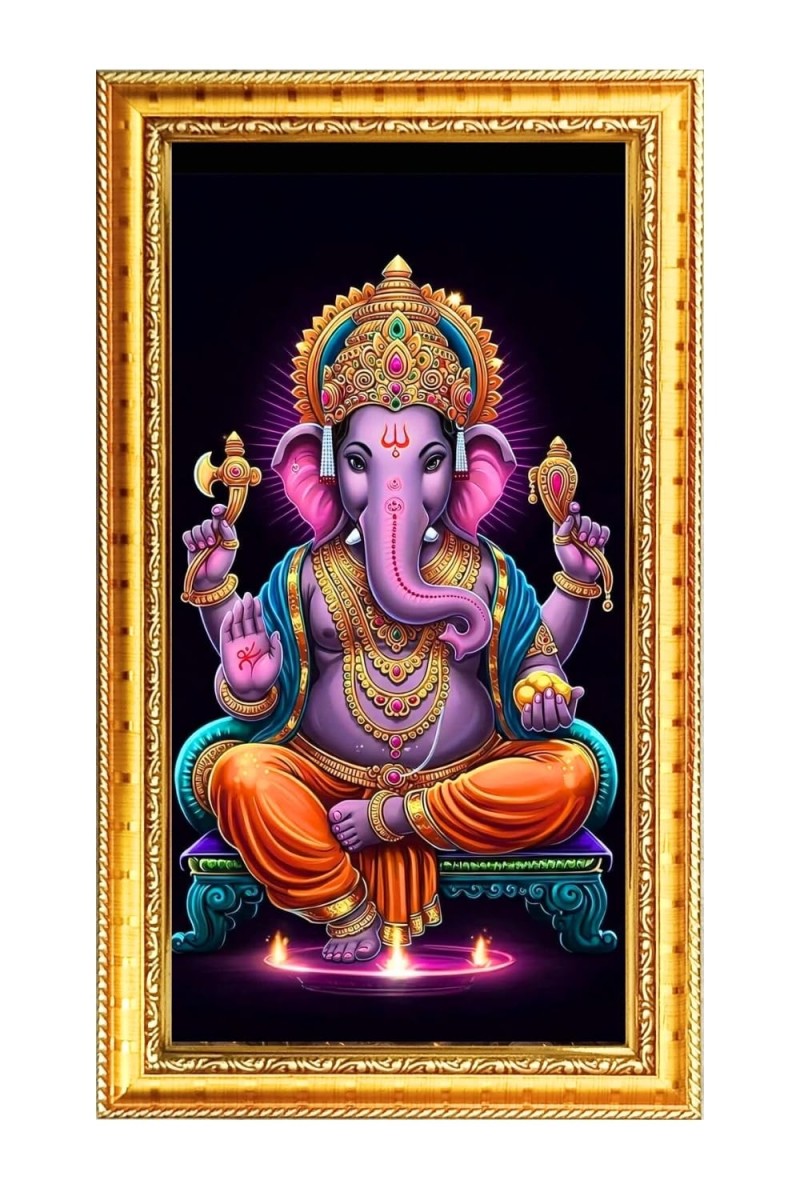 Lord Ganesh Digital Golden Color Photo Frame | Hindu Religious Wall Decor | 12x19 Inches - Inspirational Wall Art For Office, Home Decor - Ideal Spiritual Gift (F10333)