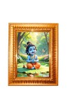 Divine Little Krishna Golden Designer Photo Frame | 10x14 Inch Religious Wall Hanging Frame For Home & Office Decoration | Hindu Deity Divine Little Krishna Spiritual Gift Item