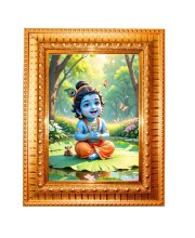 Divine Little Krishna Golden Designer Photo Frame | 10x14 Inch Religious Wall Hanging Frame For Home & Office Decoration | Hindu Deity Divine Little Krishna Spiritual Gift Item
