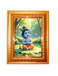 Divine Little Krishna Golden Designer Photo Frame | 18x22 Inch Religious Wall Hanging Frame For Home & Office Decoration | Hindu Deity Spiritual Gift Item