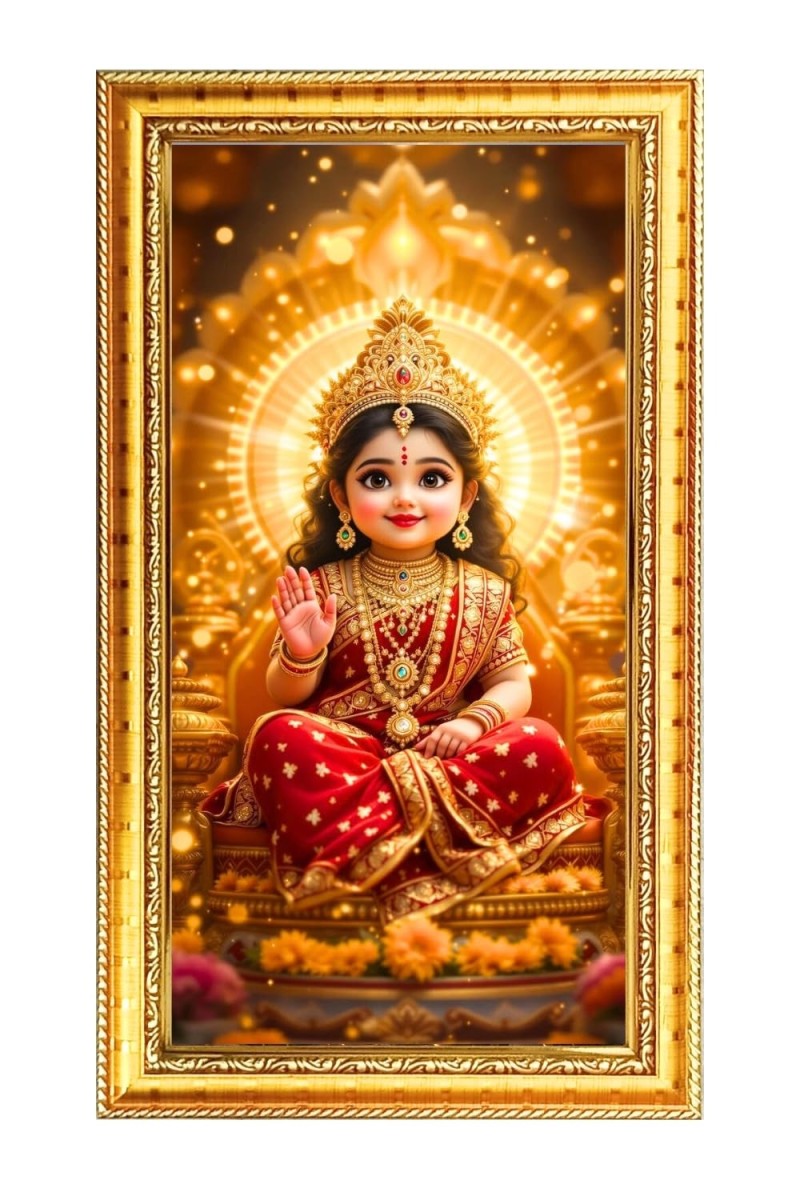 Mata Lakhsmi Digital Golden Color Photo Frame | Hindu Religious Wall Decor | 10x17 Inches - Inspirational Wall Art For Office, Home Decor - Ideal Spiritual Gift (F10349)