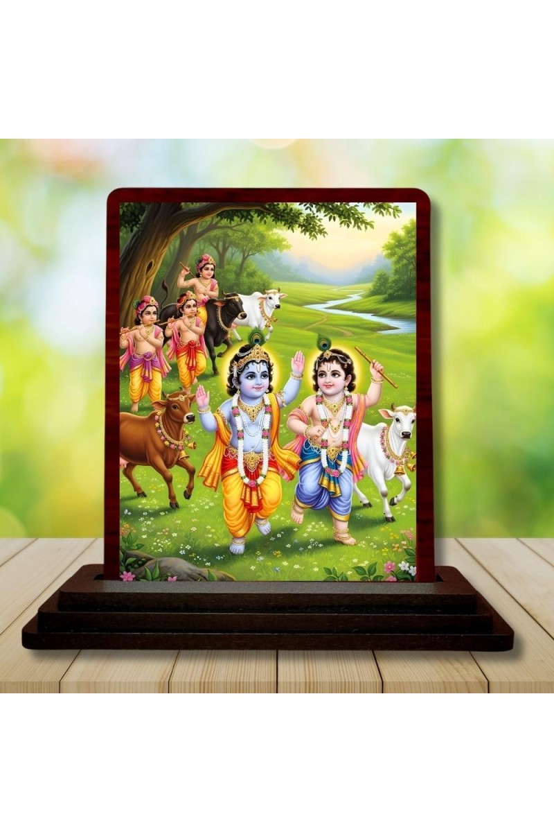 Car Desk/Table Top Lord Krishna Wooden Photo Stand 3x4 Inches, Compact & Stylish Spiritual Display For Car, Home & Office (Pack Of 1) (F14271)