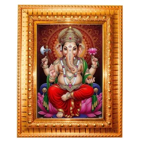 Lord Ganesh Golden Designer Photo Frame | 10x14 Inch Religious Wall Hanging Frame For Home & Office Decoration | Hindu Deity Lord Ganesh Spiritual Gift Item