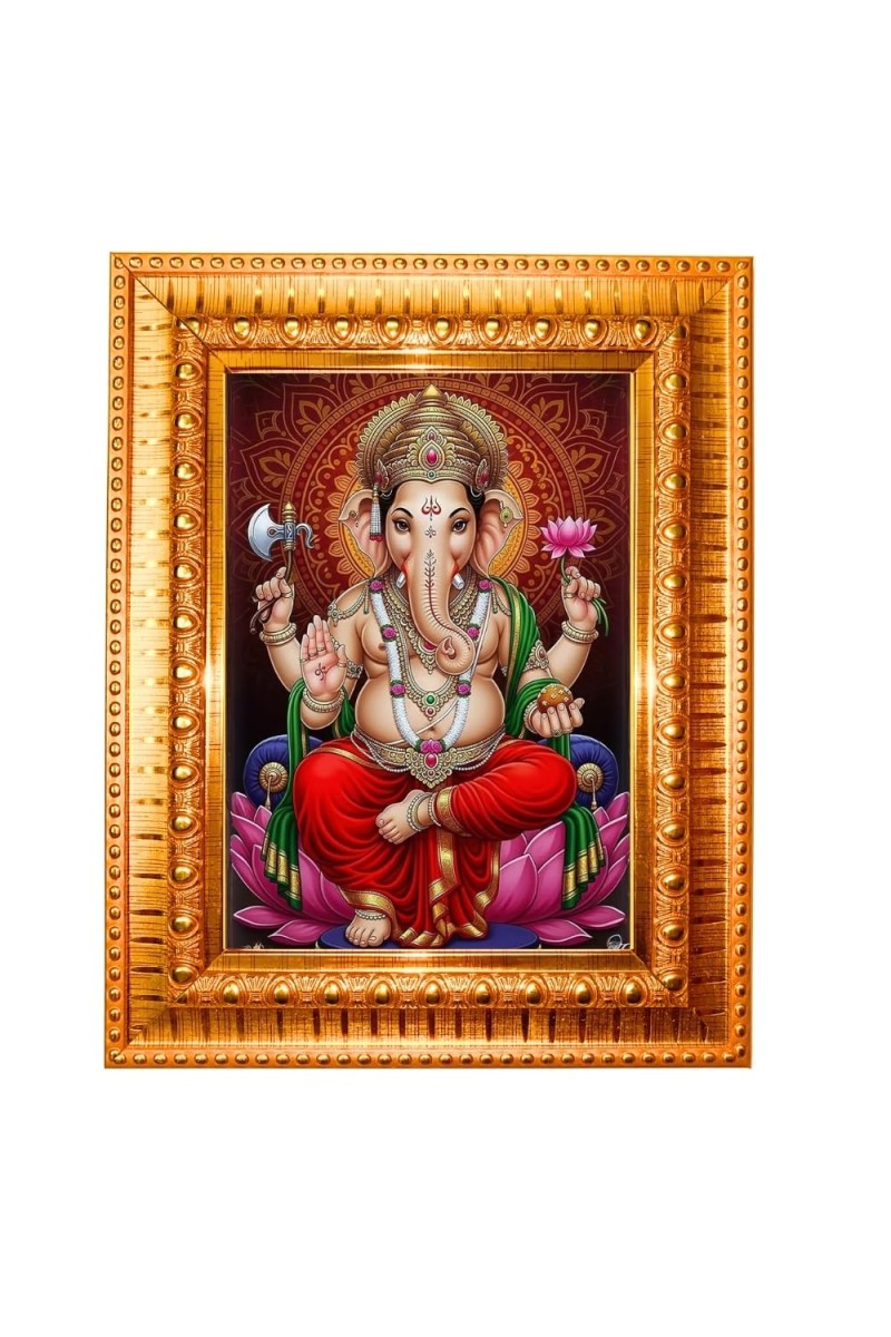 Lord Ganesh Golden Designer Photo Frame | 10x14 Inch Religious Wall Hanging Frame For Home & Office Decoration | Hindu Deity Lord Ganesh Spiritual Gift Item