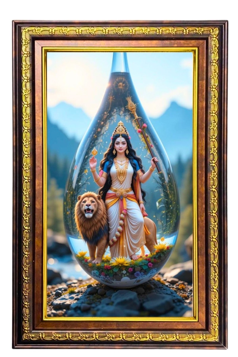 Goddess Durga Digital Golden Balck Color Photo Frame | Hindu Religious Wall Decor | 10x16 Inches - Inspirational Wall Art For Office, Home Decor - Ideal Spiritual Gift (F16876)