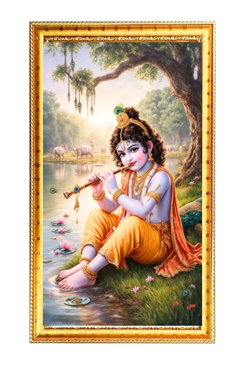 Little Krishna Digital Golden Color Photo Frame | Hindu Religious Wall Decor | 8x15 Inches - Inspirational Wall Art For Office, Home Decor - Ideal Spiritual Gift (F10210)