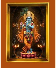 Divine Krishna Golden Photo Frame - 10x14 Inches | Elegant Wooden Frame For Home, Office & Temple Decoration | Spiritual Wall & Table Decor and Gift Item