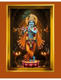 Divine Krishna Golden Photo Frame - 16x20 Inches | Elegant Wooden Frame For Home, Office & Temple Decoration | Spiritual Wall & Table Decor And Gift Item (F9872)