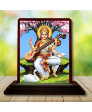 Car Desk/Table Top Goddess Saraswathi Wooden Photo Stand 3x4 Inches, Compact & Stylish Spiritual Display For Car, Home & Office (Pack Of 1) (F14424)