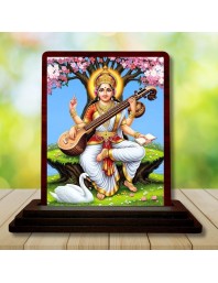 Car Desk/Table Top Goddess Saraswathi Wooden Photo Stand 3x4 Inches, Compact & Stylish Spiritual Display For Car, Home & Office (Pack Of 1) (F14424)
