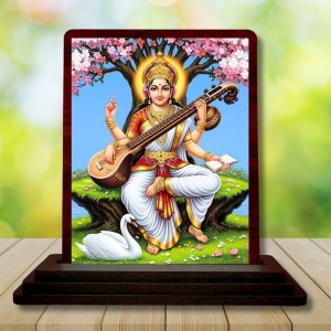 Car Desk/Table Top Goddess Saraswathi Wooden Photo Stand 3x4 Inches, Compact & Stylish Spiritual Display For Car, Home & Office (Pack Of 1) (F14424)
