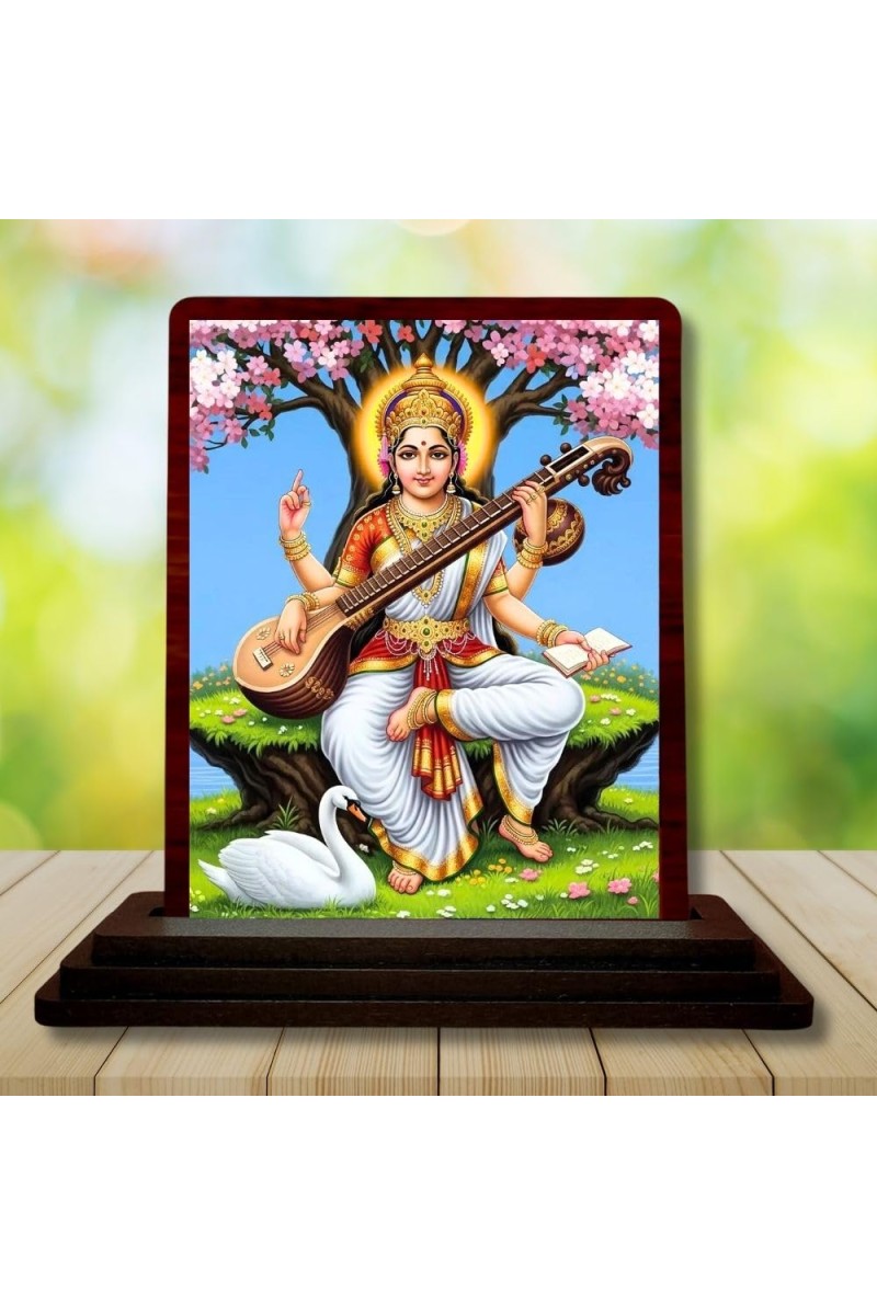 Car Desk/Table Top Goddess Saraswathi Wooden Photo Stand 3x4 Inches, Compact & Stylish Spiritual Display For Car, Home & Office (Pack Of 1) (F14424)