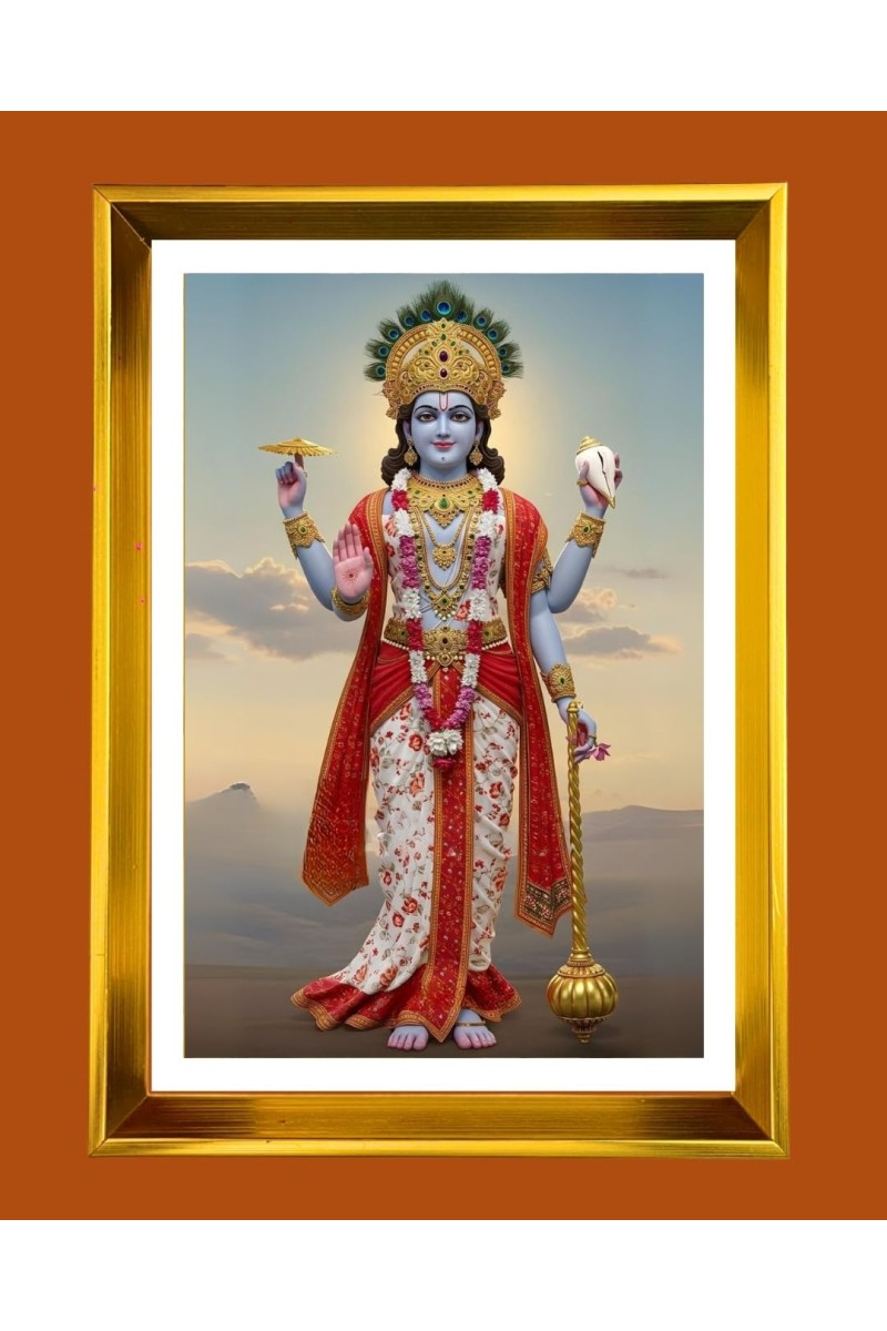 Lord Vishnu Golden Photo Frame - 10x14 Inches | Elegant Wooden Frame For Home, Office & Temple Decoration | Spiritual Wall & Table Decor And Gift Item (F9424)
