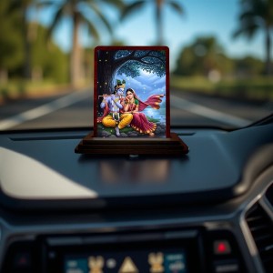 Car Desk/Table Top Radha Krishna Wooden Photo Stand 3x4 Inches, Compact & Stylish Spiritual Display For Car, Home & Office (Pack Of 1) (F14273)