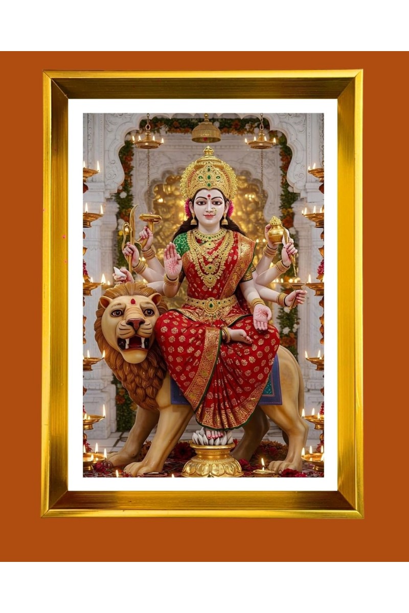Devi Mata Durga Golden Photo Frame - 10x14 Inches | Elegant Wooden Frame For Home, Office & Temple Decoration | Spiritual Wall & Table Decor And Gift Item (F9532)