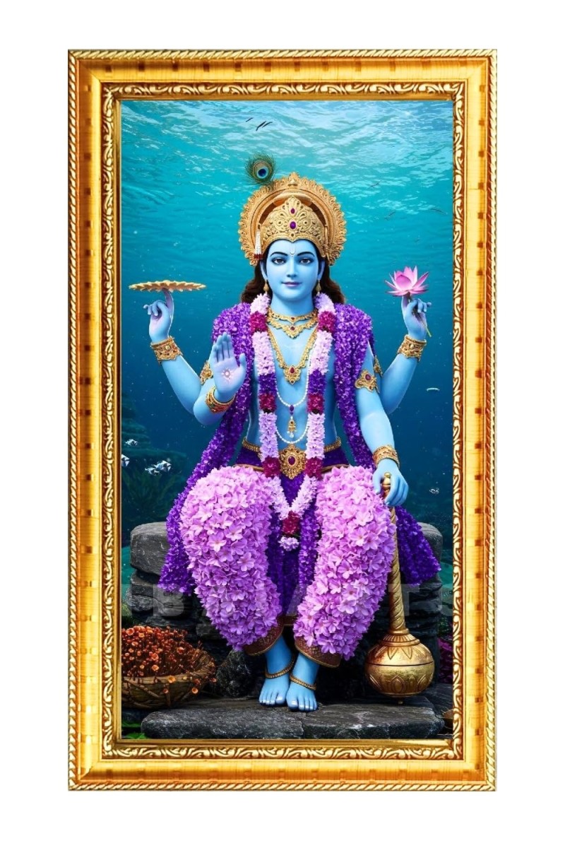 Lord Vishnu Digital Golden Color Photo Frame | Hindu Religious Wall Decor | 8x15 Inches - Inspirational Wall Art For Office, Home Decor - Ideal Spiritual Gift (F10226)