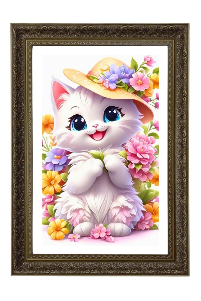 Cute Cartoon White Cat Big Photo Frame - 20x28 Inches For Home,Temple & Office Decoration (F10679)