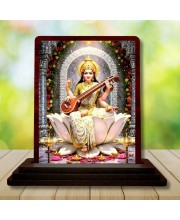 Car Desk/Table Top Goddess Saraswathi Wooden Photo Stand 3x4 Inches, Compact & Stylish Spiritual Display For Car, Home & Office (Pack Of 1) (F14151)