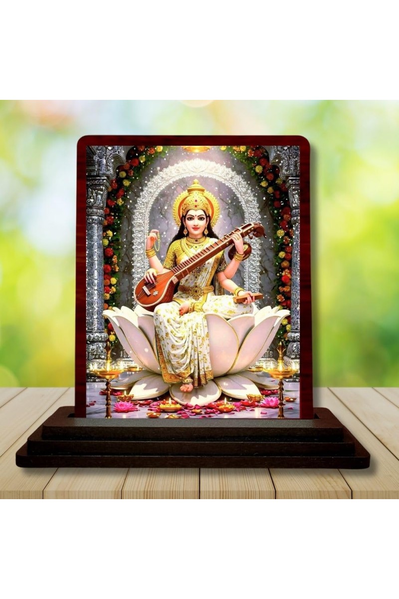 Car Desk/Table Top Goddess Saraswathi Wooden Photo Stand 3x4 Inches, Compact & Stylish Spiritual Display For Car, Home & Office (Pack Of 1) (F14151)