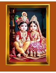 Cute Radha Krishna Golden Photo Frame - 10x14 Inches | Elegant Wooden Frame For Home, Office & Temple Decoration | Spiritual Wall & Table Decor and Gift Item
