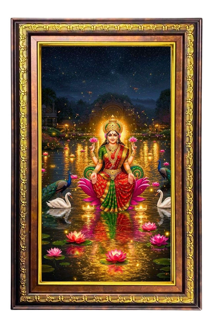 Goddess Lakshmi Digital Golden Balck Color Photo Frame | Hindu Religious Wall Decor | 10x16 Inches - Inspirational Wall Art For Office, Home Decor - Ideal Spiritual Gift (F16920)