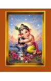 Little Ganesh Golden Photo Frame - 12x16 Inches | Elegant Wooden Frame For Home, Office & Temple Decoration | Spiritual Wall & Table Decor And Gift Item (F9749)