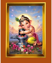 Little Ganesh Golden Photo Frame - 12x16 Inches | Elegant Wooden Frame For Home, Office & Temple Decoration | Spiritual Wall & Table Decor And Gift Item (F9749)