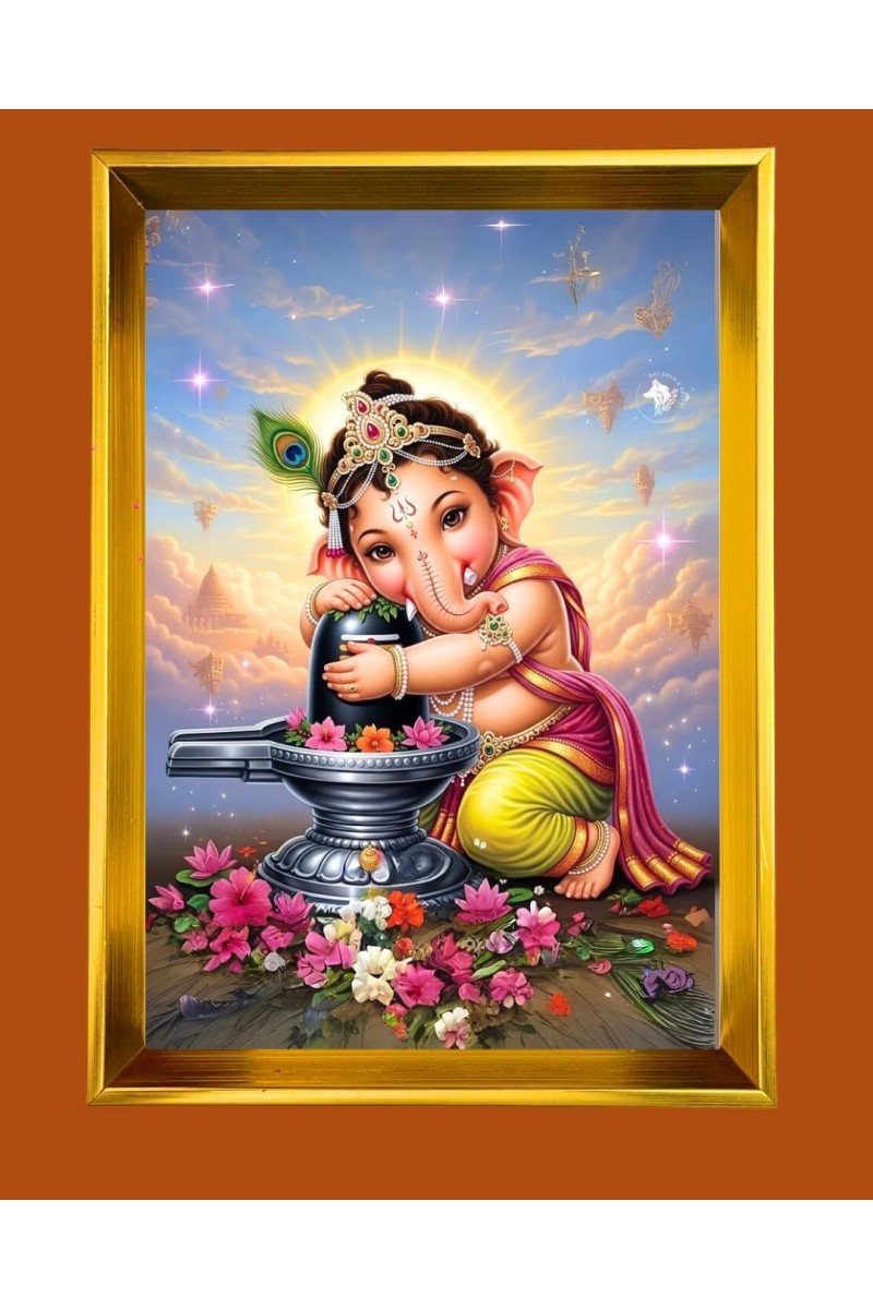 Little Ganesh Golden Photo Frame - 12x16 Inches | Elegant Wooden Frame For Home, Office & Temple Decoration | Spiritual Wall & Table Decor And Gift Item (F9749)