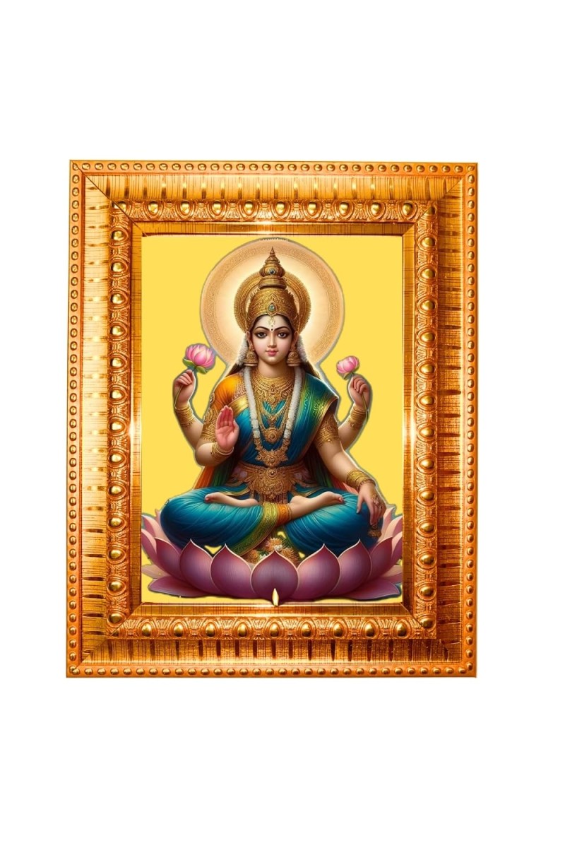 Goddess Laxmi Golden Designer Photo Frame | 10x14 Inch Religious Wall Hanging Frame For Home & Office Decoration | Hindu Deity Goddess Laxmi Spiritual Gift Item